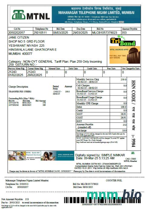 Indie Mahanagar telefon Nigam Limited rachunek za media szablon w formacie Word i PDF